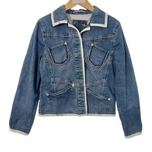 Vtg Denim Jean Jacket Women Med BLUE WILLIS Denmark Embroidered Patchwork Blazer